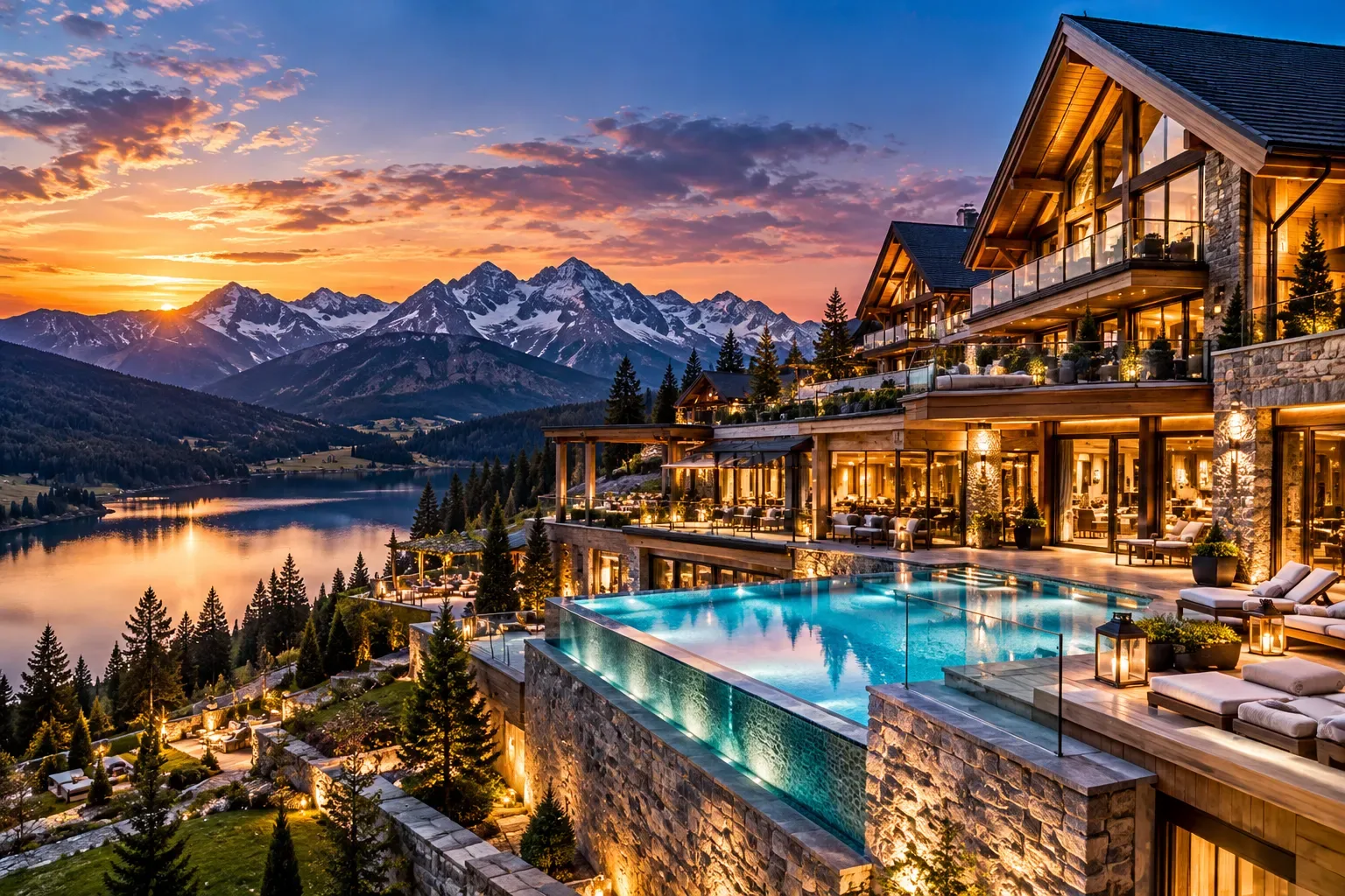 Grand Aurora Mountain Resort o zachodzie słońca: podświetlony basen infinity, jezioro i ośnieżone szczyty (hotel demonstracyjny, grafika poglądowa)